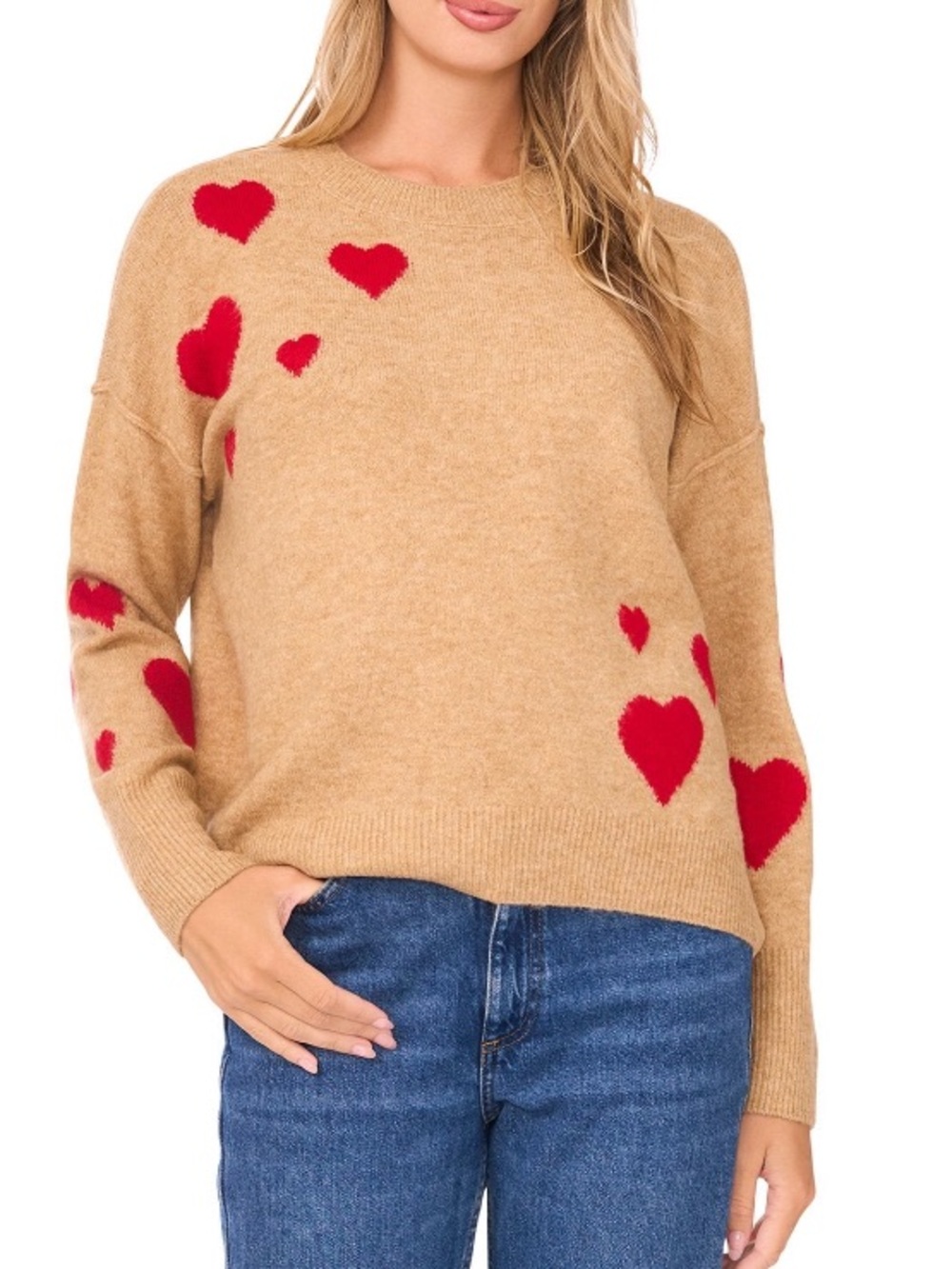 Vince Camuto Camel Heart Print Crewneck Sweater Size XL
